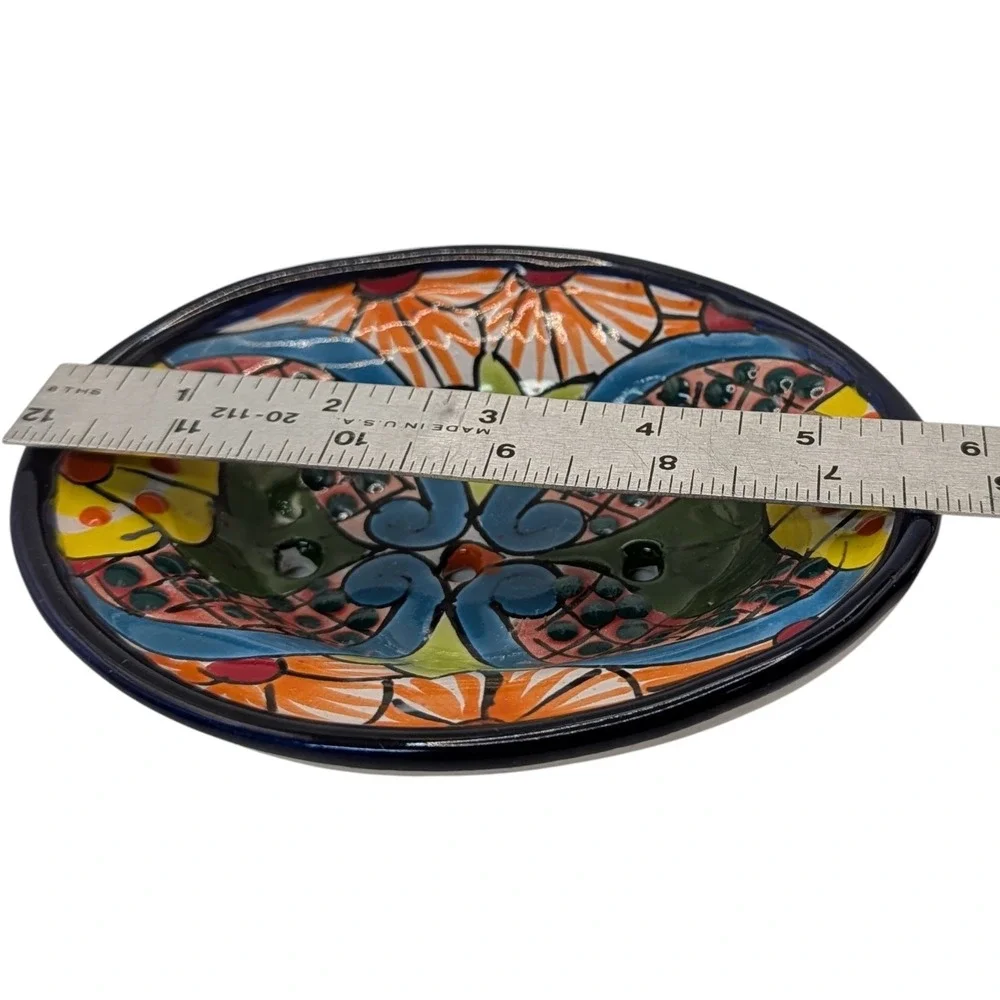 Mexican Hand Painted Soap Dish Red Clay Decorative Multicolors Folk Art